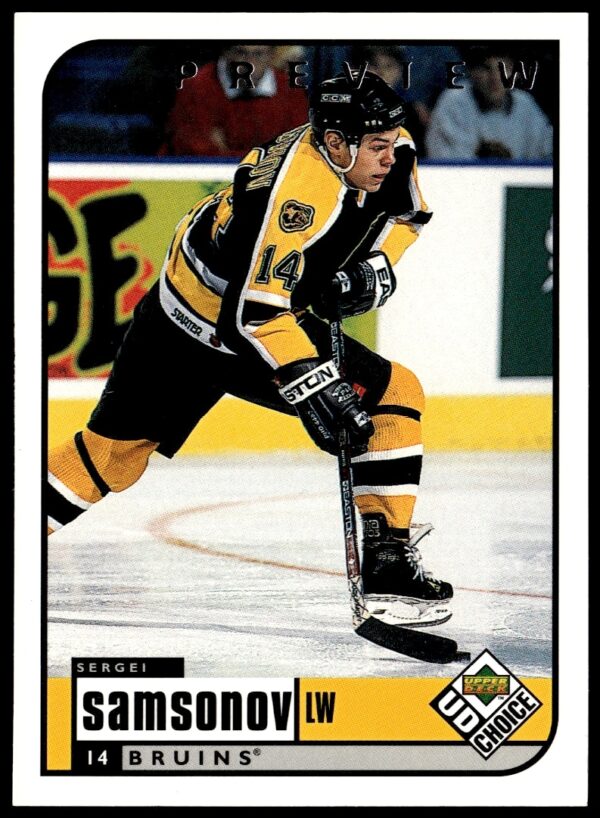 Front view of 1998-99 UD Choice hockey card featuring Sergi Samsonov, card #13.
