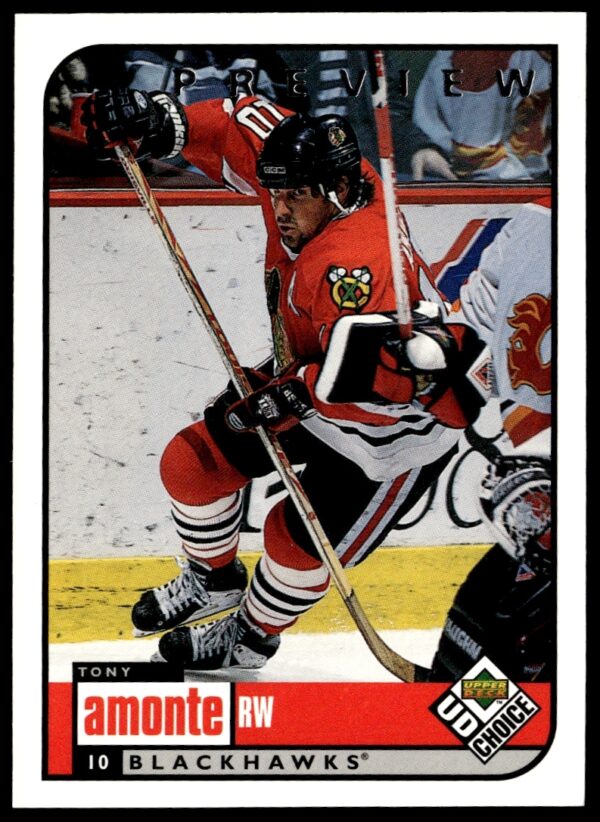 Tony Amonte 1998-99 UD Choice Preview hockey card, Chicago Blackhawks, action shot.