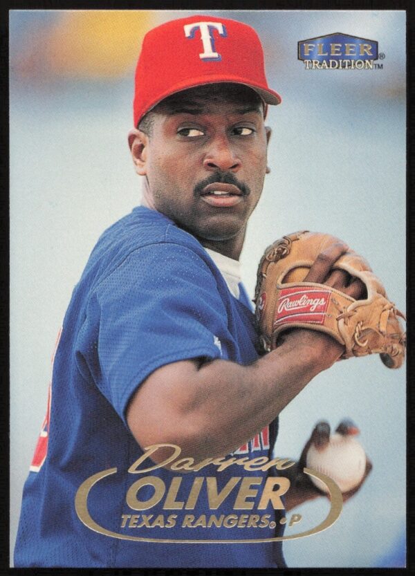 Darren Oliver 1998 Fleer Tradition baseball card #109, pitcher, Texas Rangers uniform action shot.