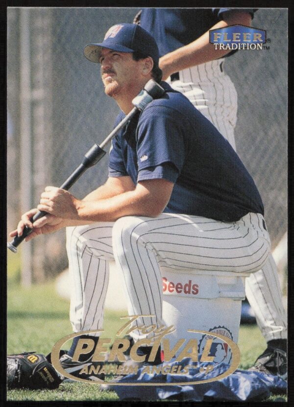 Troy Percival 1998 Fleer Tradition baseball card #263, Anaheim Angels pitcher in action.