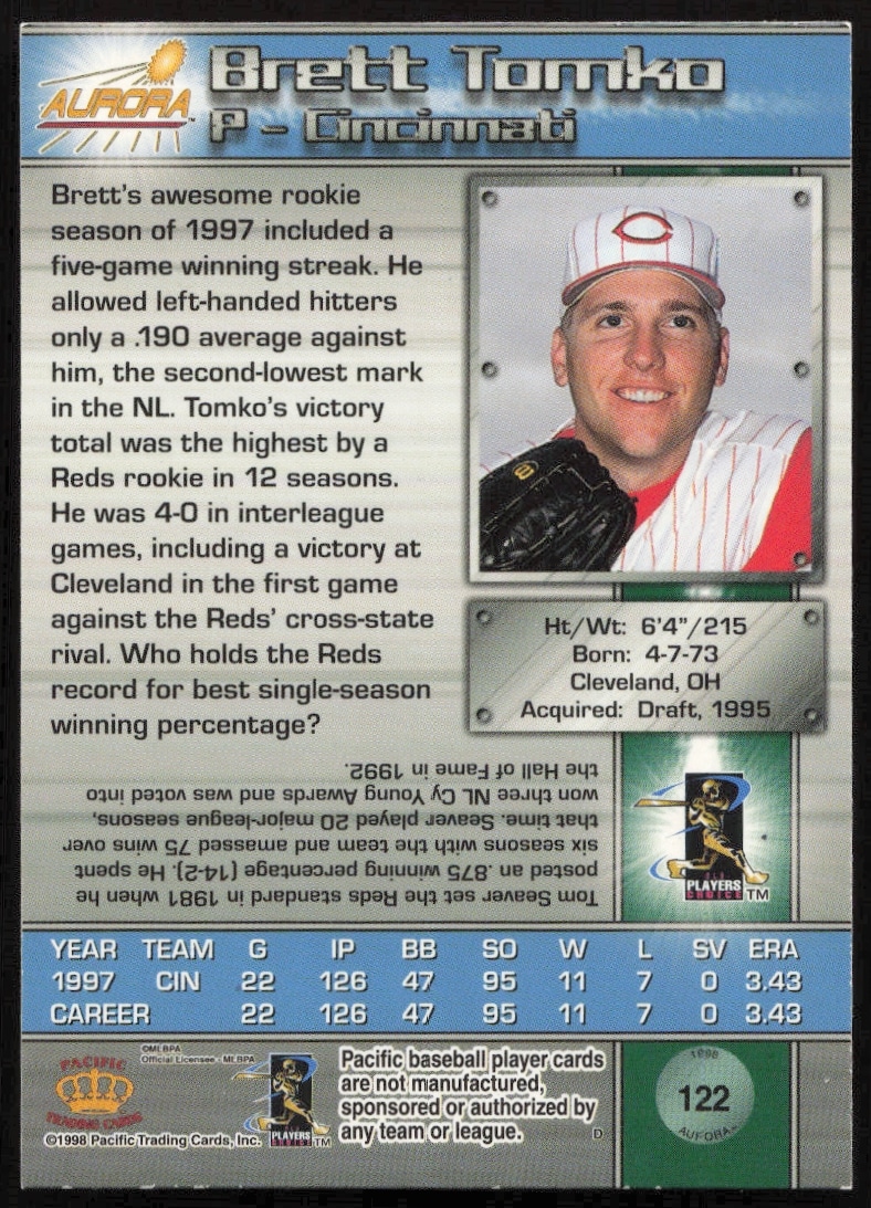 Brett Tomko 1998 Pacific Aurora card back featuring stats and career highlights.