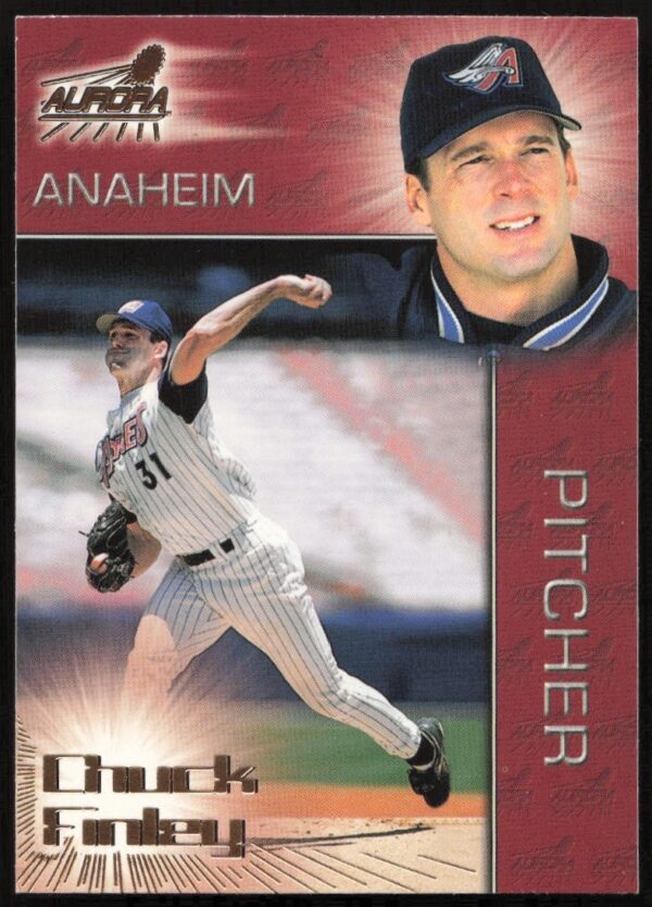 Chuck Finley 1998 Pacific Aurora baseball card, vibrant front design showcasing dynamic pitching pose.
