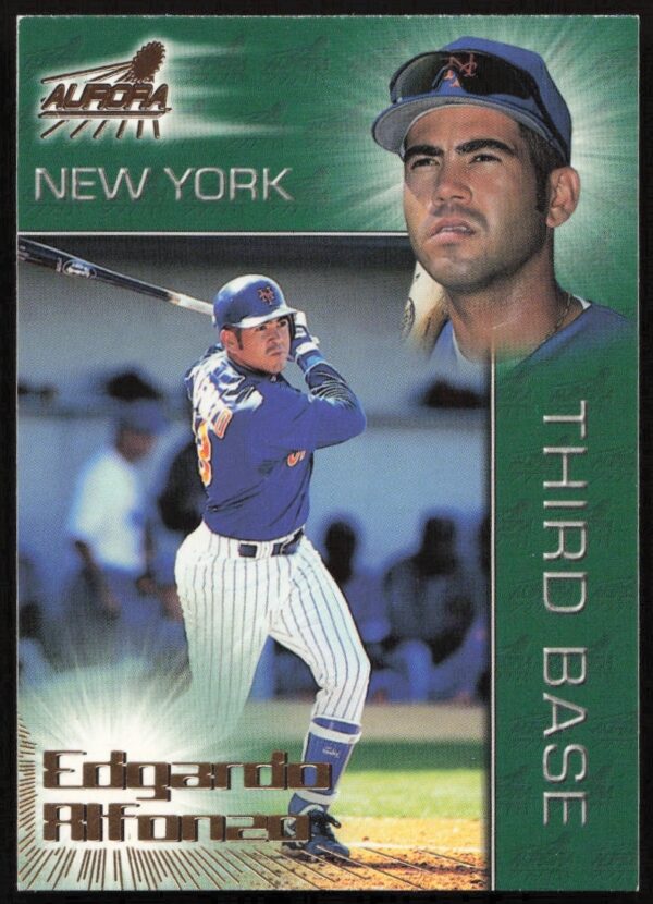 1998 Pacific Aurora Edgardo Alfonzo Baseball Card #161, showcasing Mets player in action.