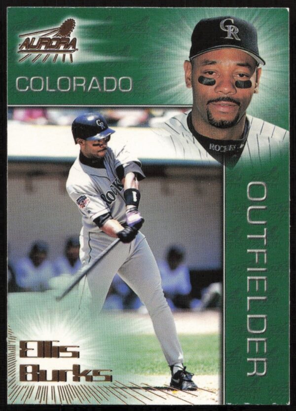 Ellis Burks 1998 Pacific Aurora Card #124 featuring him in Colorado Rockies uniform.