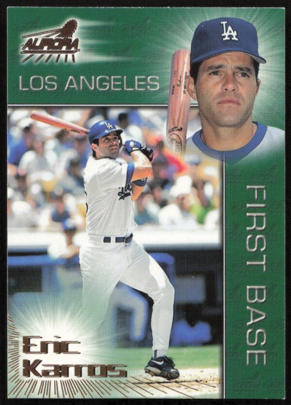 Eric Karros 1998 Pacific Aurora baseball card #144, featuring him ready to bat.