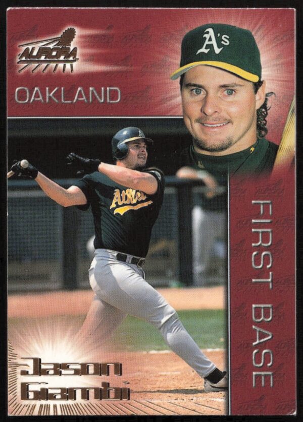 Jason Giambi 1998 Pacific Aurora baseball card #65, vibrant colors, dynamic design, action swing.