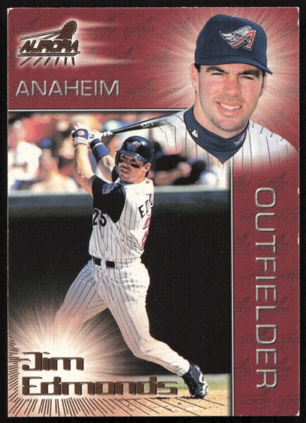 Jim Edmonds 1998 Pacific Aurora Baseball Card #2 with Anaheim Angels Portrait.