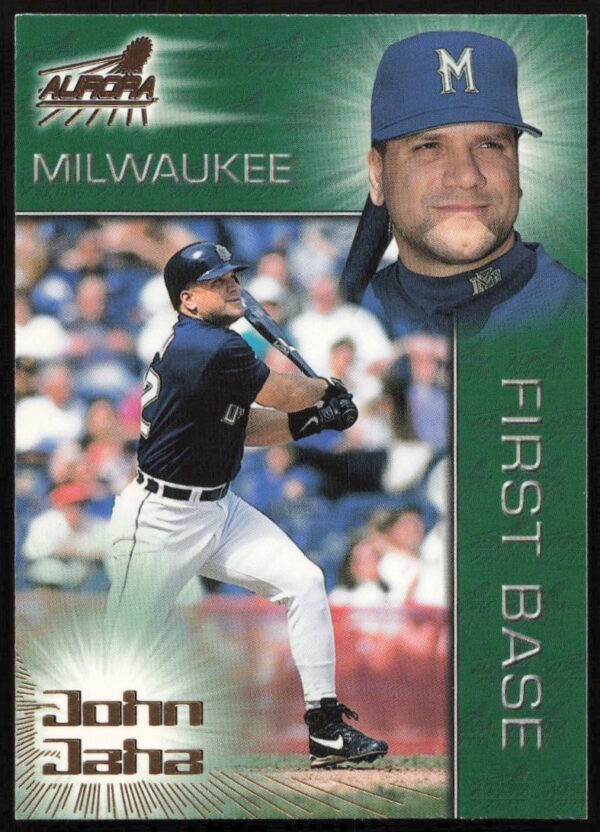 John Jaha 1998 Pacific Aurora #153 baseball card, vibrant and collectible, action pose front.