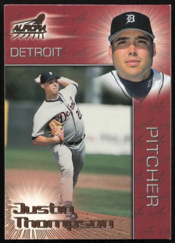 1998 Pacific Aurora Baseball Card, Justin Thompson #41, vibrant pitching action.