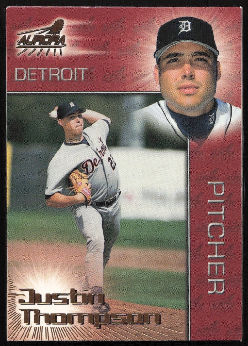1998 Pacific Aurora Baseball Card, Justin Thompson #41, vibrant pitching action.