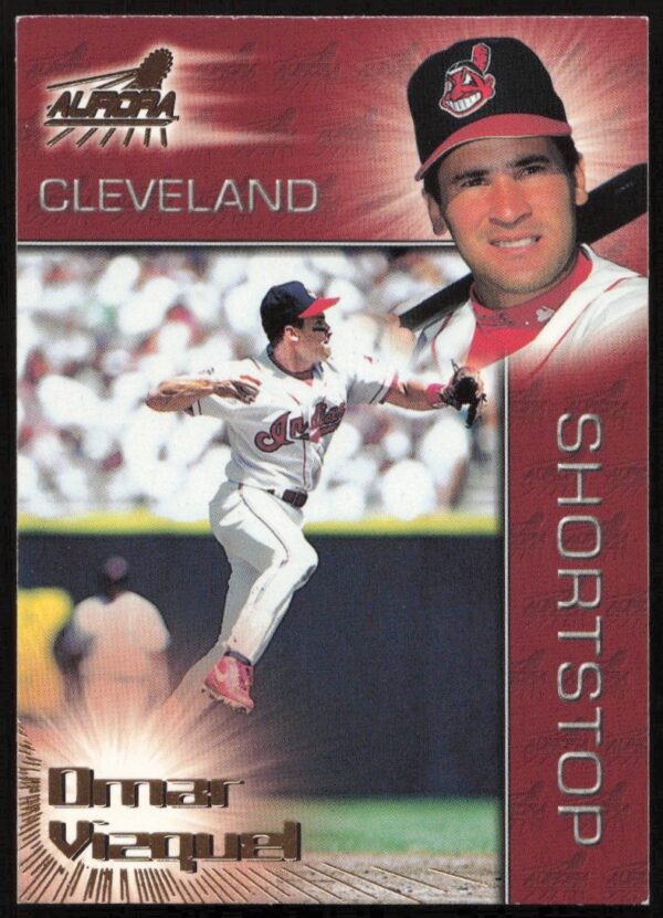 Omar Vizquel 1998 Pacific Aurora Card #34, Cleveland Indians, Action Pose, Front View.