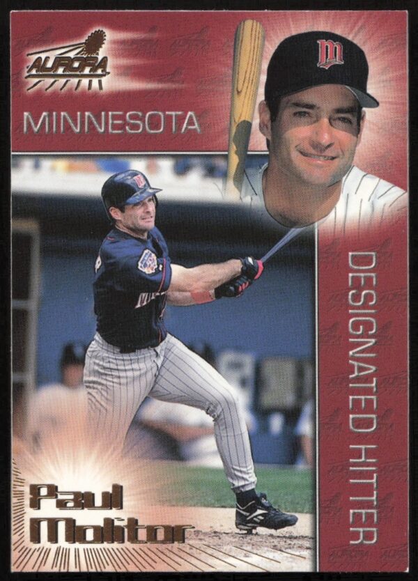 Front view of 1998 Pacific Aurora Paul Molitor card in Twins uniform.