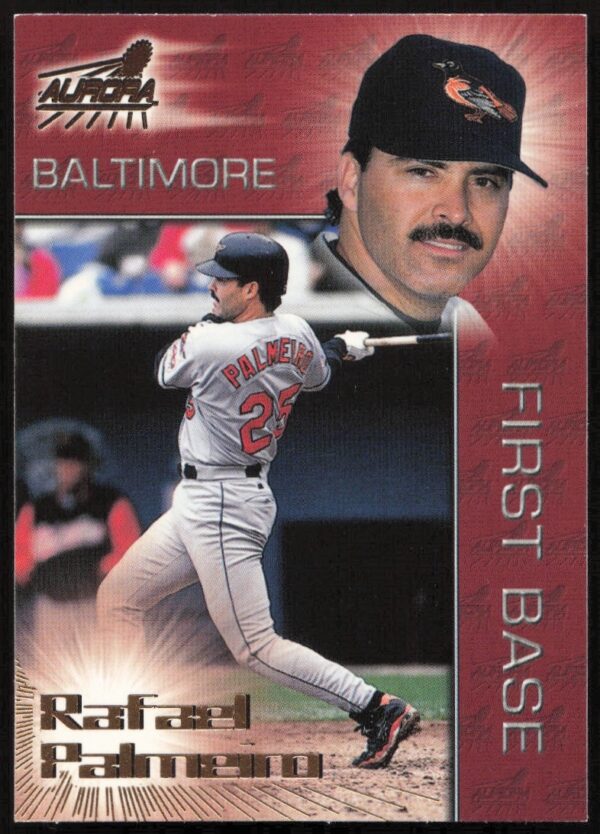 Rafael Palmeiro 1998 Pacific Aurora trading card #13, front view, vibrant background.