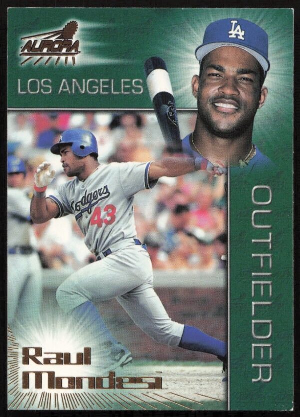 Raul Mondesi 1998 Pacific Aurora baseball card, Dodgers uniform, card #146, MLB season highlight.