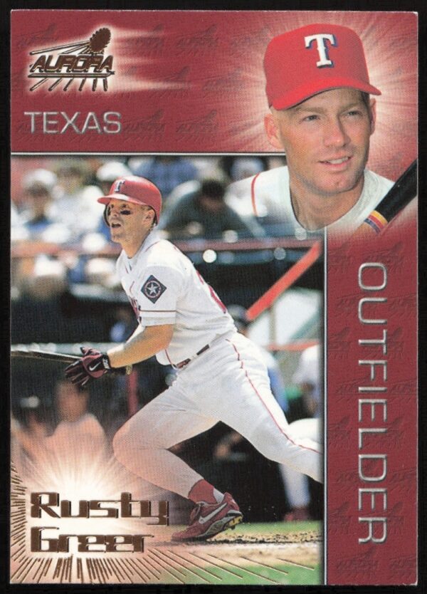 Rusty Greer 1998 Pacific Aurora baseball card #88 showcasing Texas Rangers player in action.