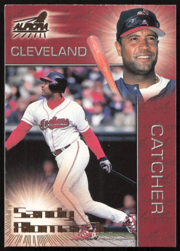 Sandy Alomar Jr. 1998 Pacific Aurora baseball card #27, Cleveland Indians action shot.
