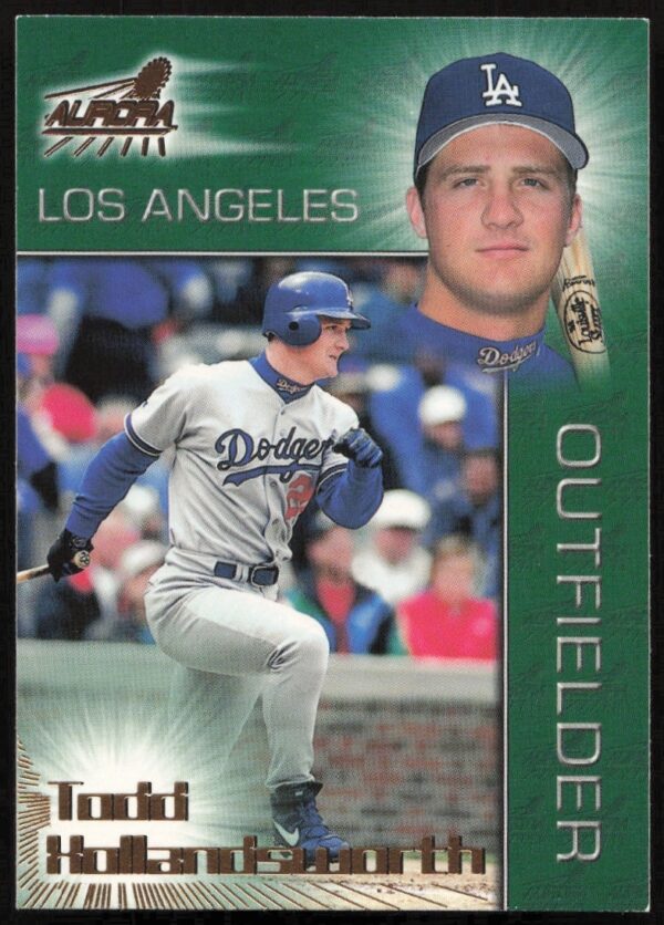 Todd Hollandsworth 1998 Pacific Aurora card #143, Los Angeles Dodgers uniform, action shot.
