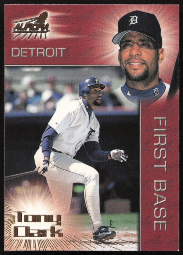 Tony Clark 1998 Pacific Aurora card showcasing his dynamic action in Detroit Tigers uniform.
