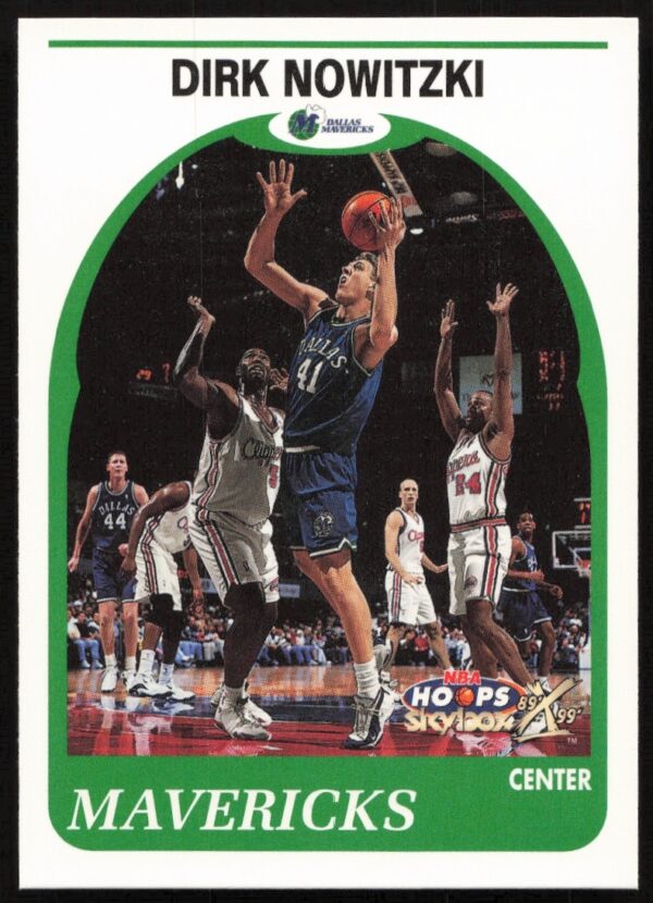 Dirk Nowitzki 1999-00 Skybox NBA Hoops trading card #164 with Dallas Mavericks jersey.