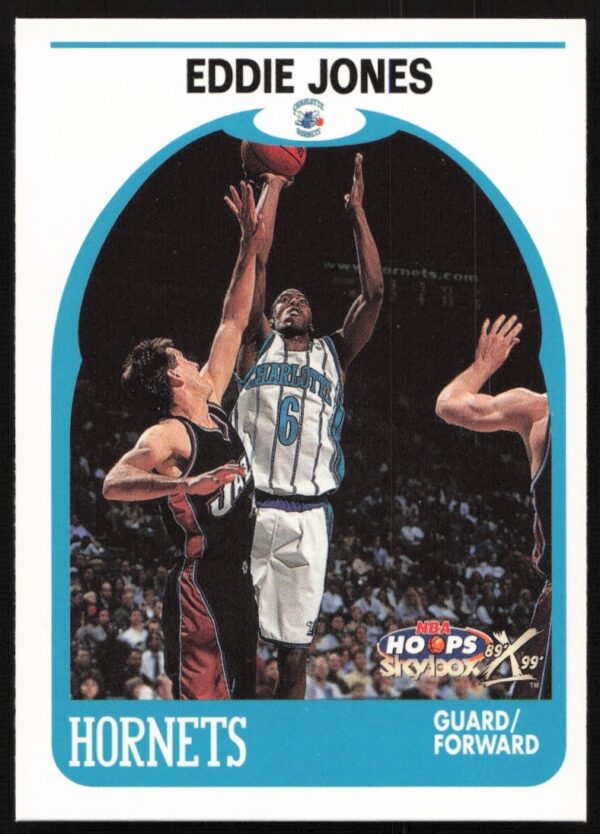 Eddie Jones 1999 NBA Hoops Card #158, Los Angeles Lakers uniform, dynamic action shot.