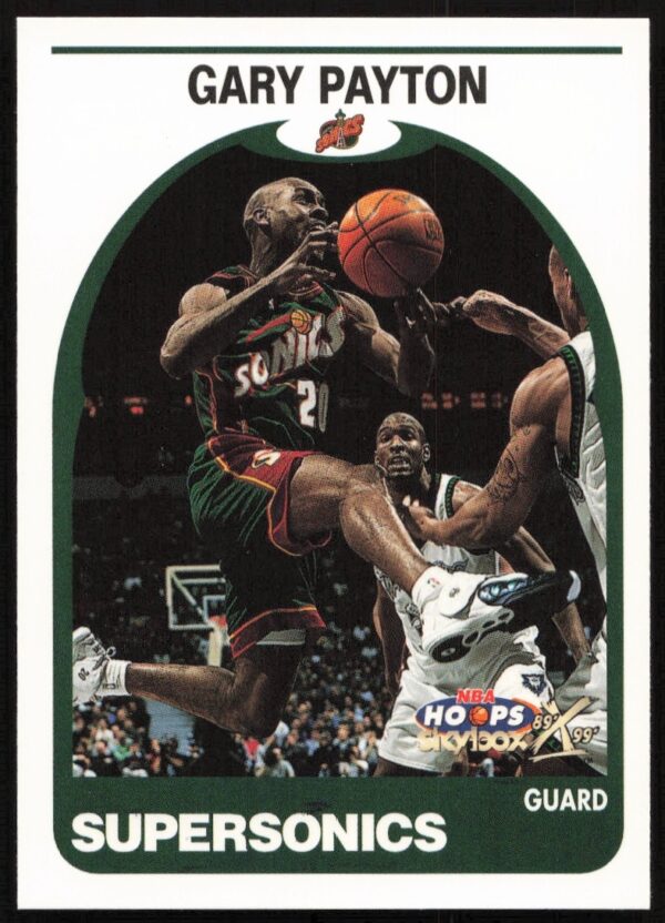 Gary Payton 1999-00 Skybox NBA Hoops card, #165, Seattle SuperSonics action shot.