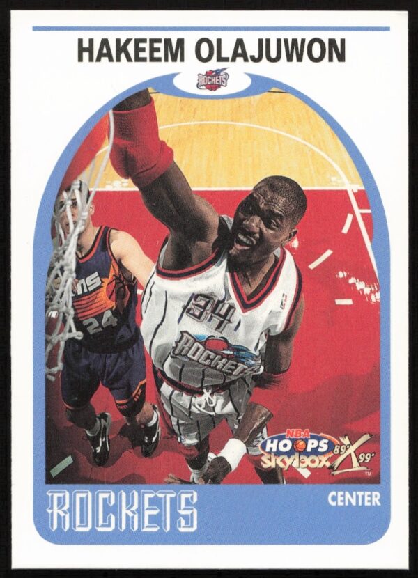 1999-00 NBA Hoops Hakeem Olajuwon trading card #40 highlights his iconic basketball legacy.