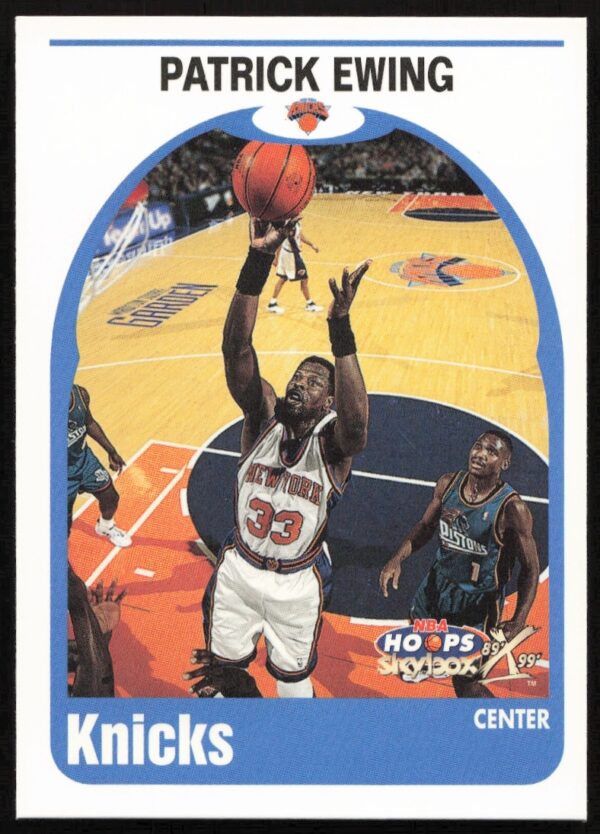 Patrick Ewing 1999-00 NBA Hoops trading card front, New York Knicks action shot.