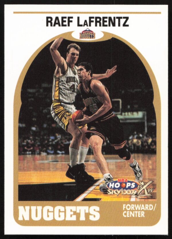 Front view of 1999-00 Skybox NBA Hoops card featuring Raef LaFrentz, card #65.