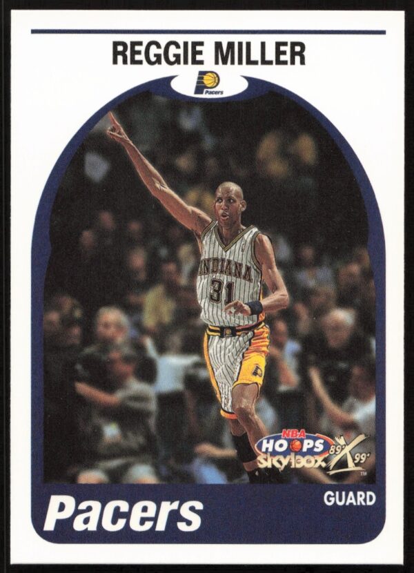 Reggie Miller 1999-00 Skybox NBA Hoops Decade basketball card #56, Indiana Pacers action shot.