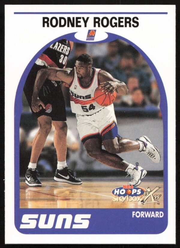 Front view of 1999-00 NBA Hoops Decade Skybox card featuring Rodney Rogers in action.