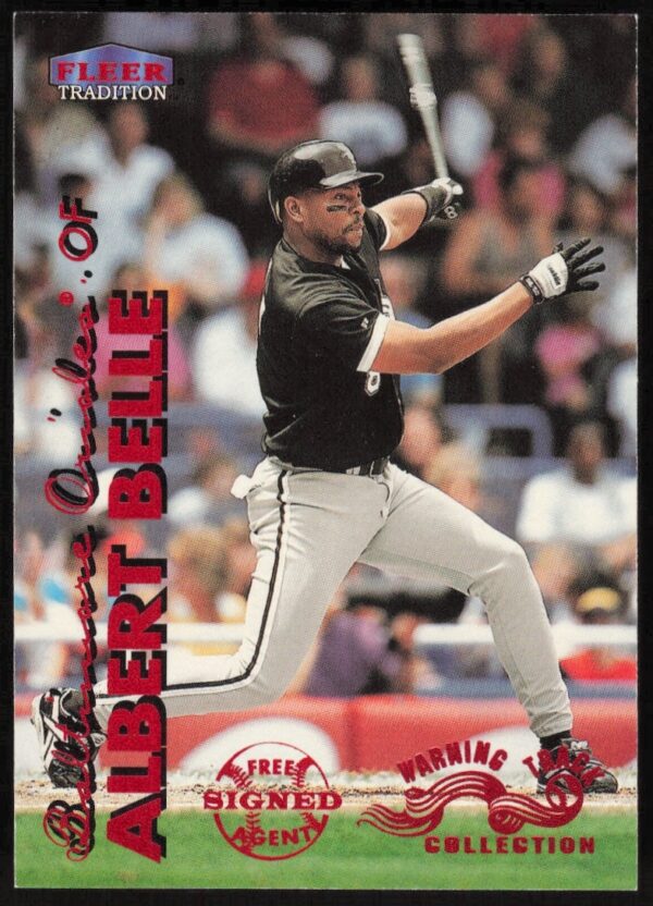Albert Belle 1999 Fleer card, Warning Track Edition, showcases athletic intensity.