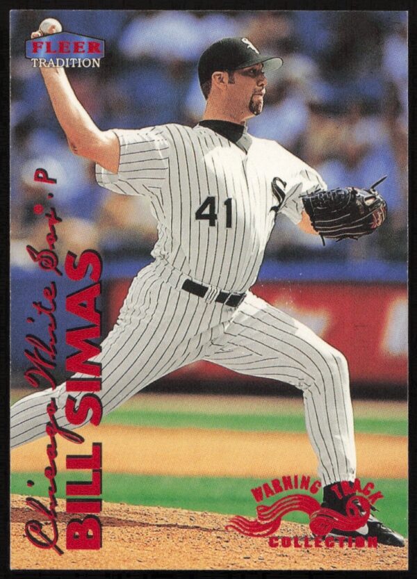 Bill Simas 1999 Fleer card, Chicago White Sox pitcher in action, Warning Track Collection.