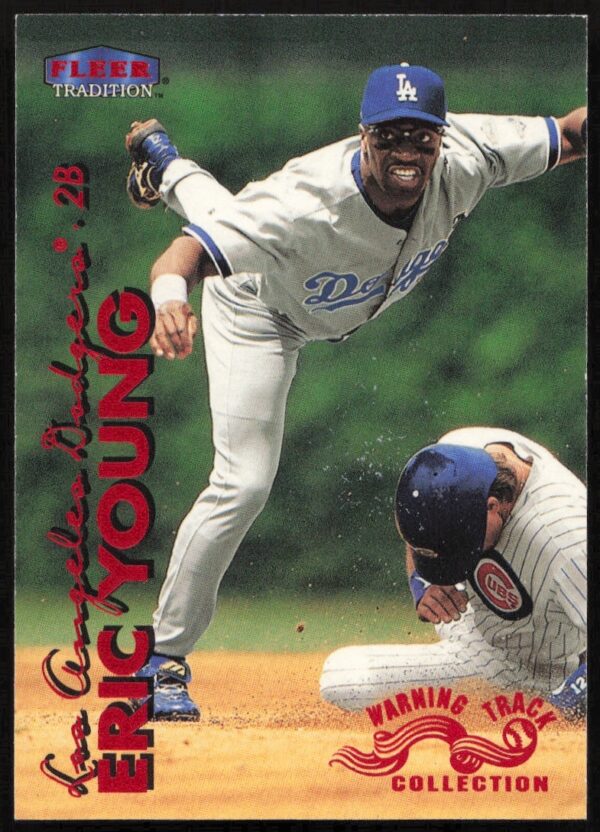 Eric Young 1999 Fleer Warning Track Card #282W featuring dynamic baseball action.