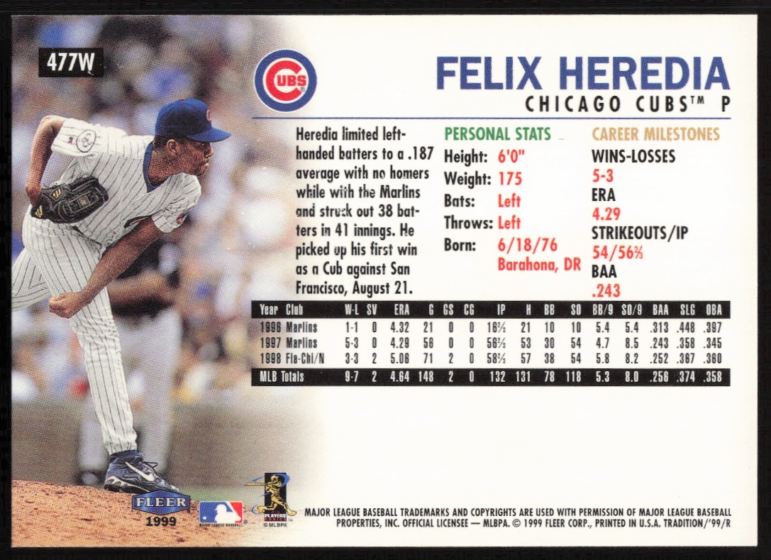 Back of 1999 Fleer Felix Heredia baseball card, featuring stats and bio, Warning Track series.