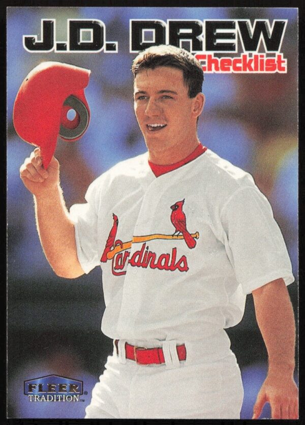 1999 Fleer J.D. Drew baseball card #600, featuring checklist and action shot with bat.