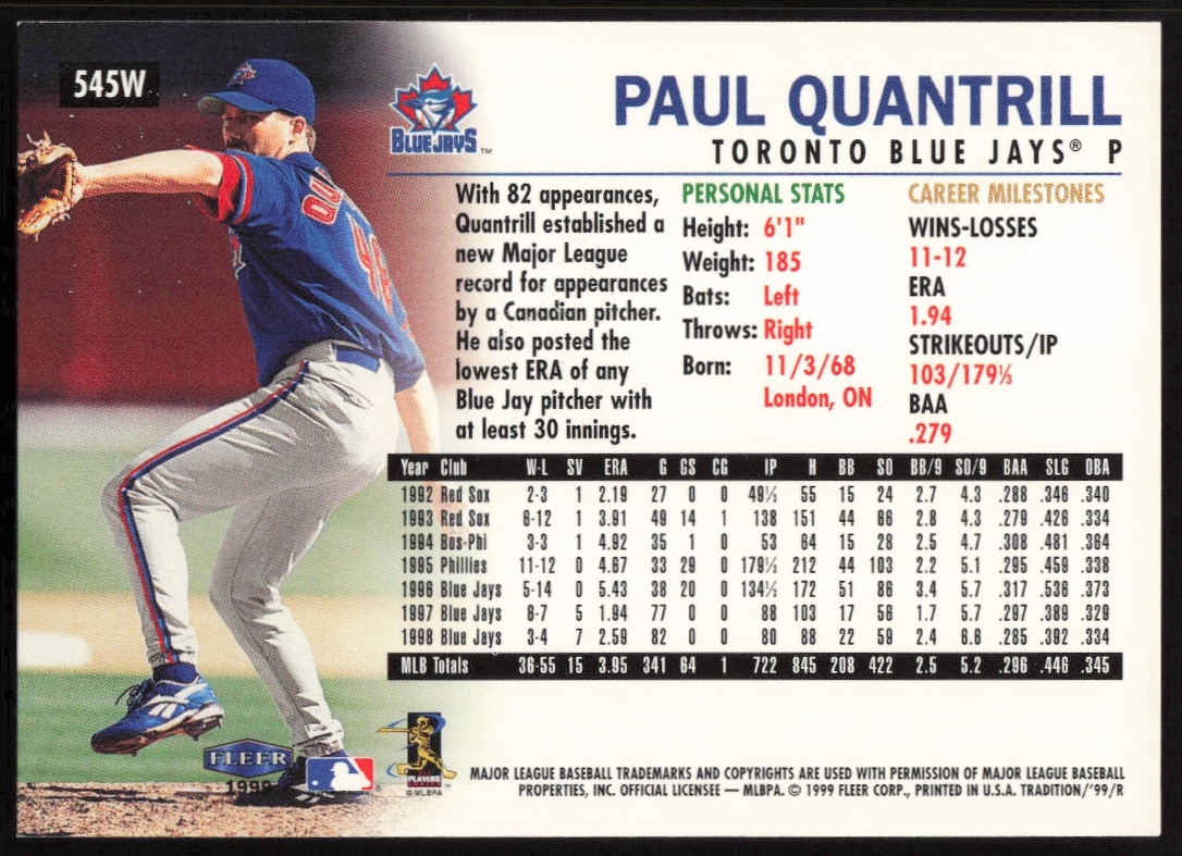 Back of 1999 Fleer Paul Quantrill card highlighting MLB stats from Warning Track Collection #545W.