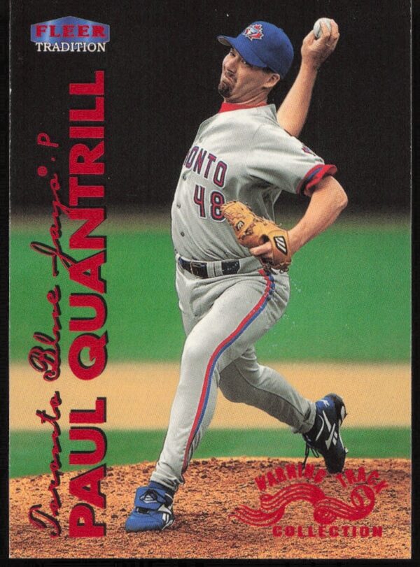 Paul Quantrill 1999 Fleer card 545W, featuring pitching action in Warning Track series.