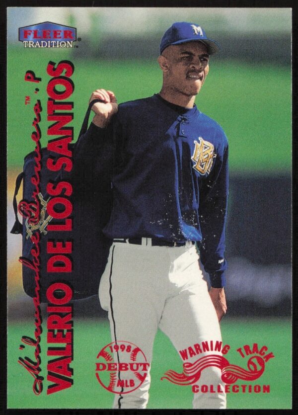 1999 Fleer Valerio De Los Santos Card #329W features pitching motion, highlights stats, team colors.