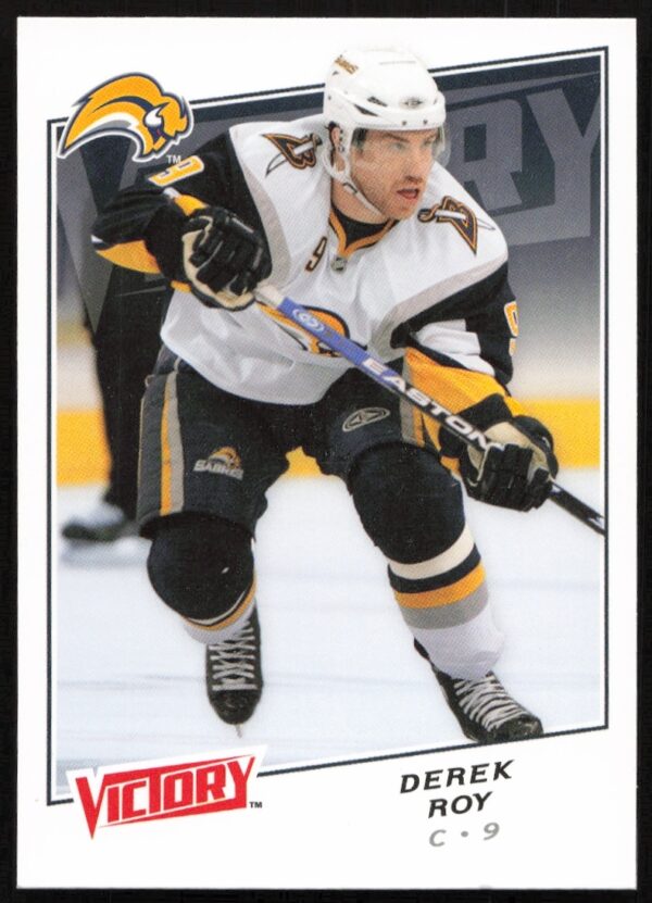 2008-09 Upper Deck hockey card of Derek Roy, Buffalo Sabres, dynamic action pose.
