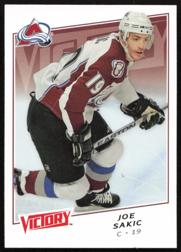 Joe Sakic 2008-09 Upper Deck Victory trading card #145, Colorado Avalanche jersey.