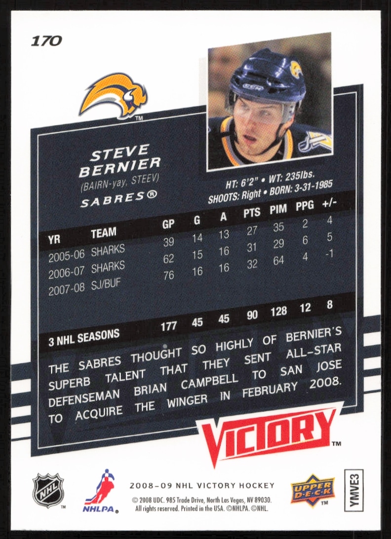 Steve Bernier 2008-09 Upper Deck Victory Card Back #170, stats and career highlights.