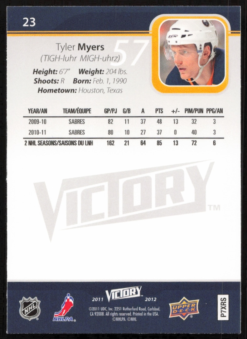 Back of 2011-12 Upper Deck Victory card for Tyler Myers, featuring stats and biographical information.