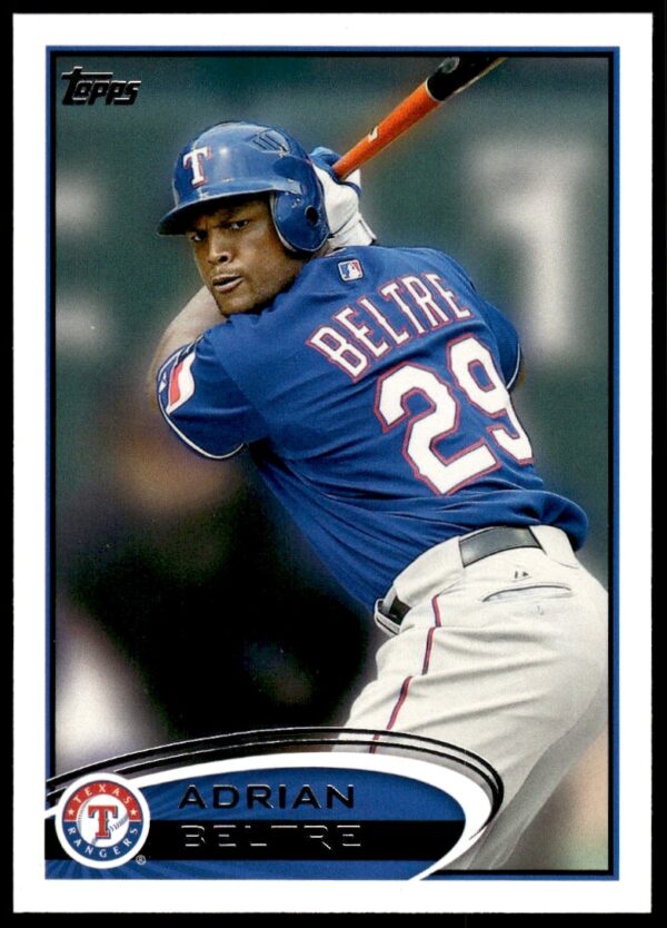 Adrian Beltre 2012 Topps Baseball Card #310, Texas Rangers, swinging bat action shot.