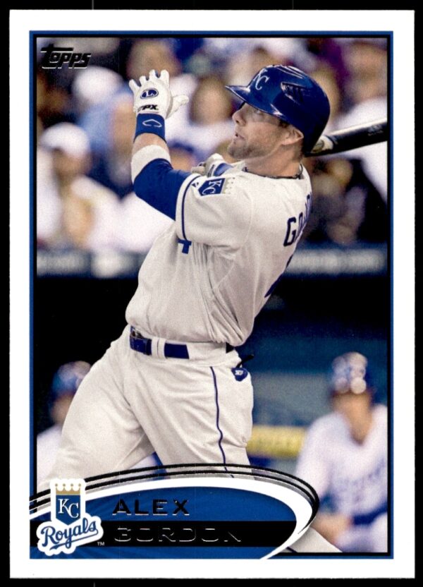 Alex Gordon 2012 Topps Baseball Card #483, front view, featuring action shot.