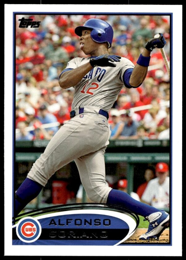 2012 Topps Baseball Card: Alfonso Soriano #348 in Chicago Cubs uniform, swinging.