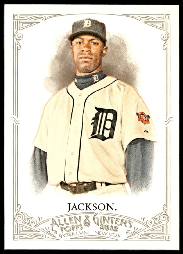 Austin Jackson 2012 Topps Baseball Card #238, Detroit Tigers, mid-action sports card.