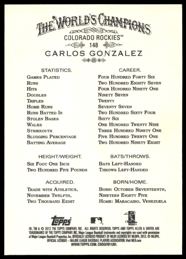 2012 Topps Allen & Ginter Carlos Gonzalez #148 - Image 2