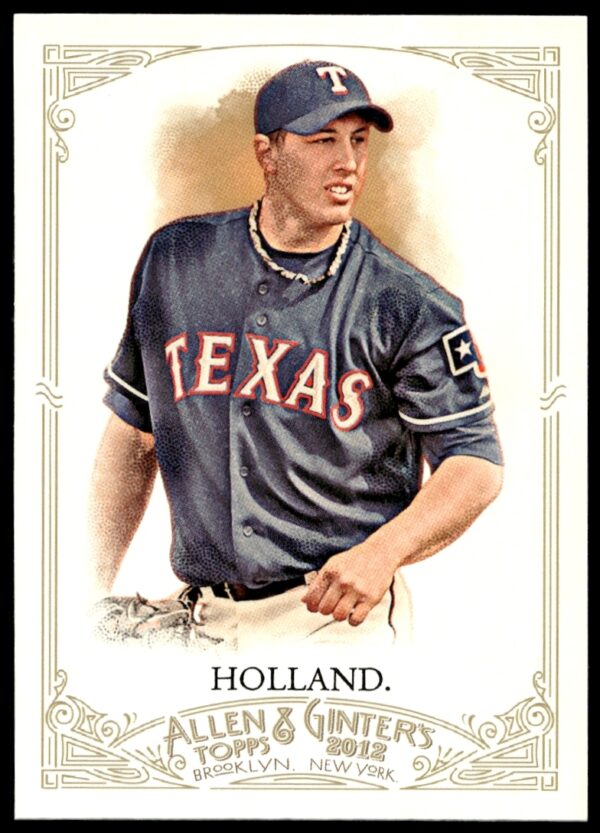 Front of 2012 Derek Holland Topps Allen & Ginter baseball card in Texas Rangers uniform.