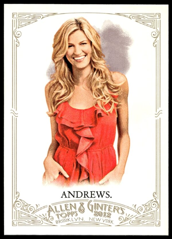 Erin Andrews 2012 Topps card, renowned sports broadcaster portrait on a decorative background.