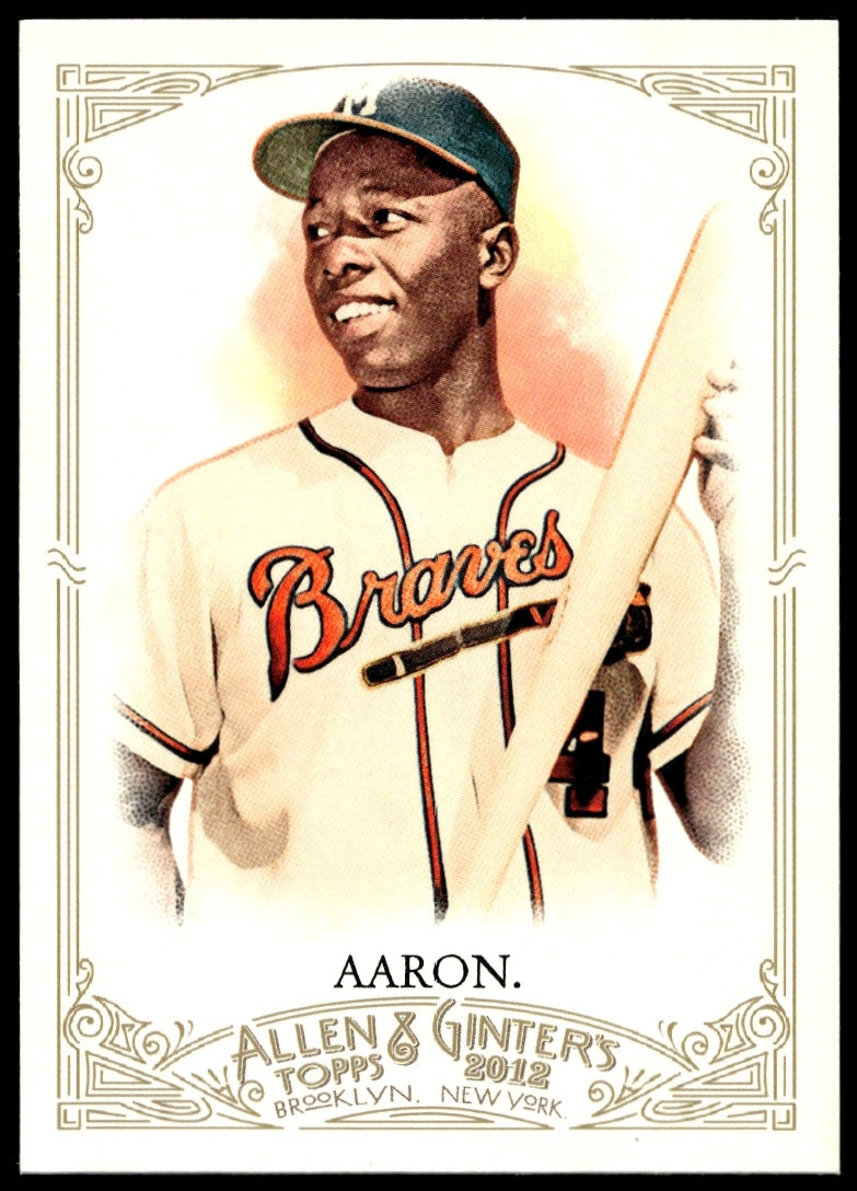 2012 Topps Allen & Ginter Hank Aaron card front with portrait of baseball legend.